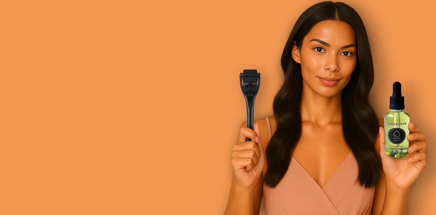 Model holding derma roller and BOBO OILS rosemary & mint hair growth oil bottle