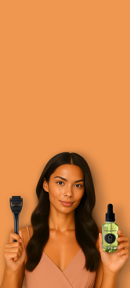 Model holding derma roller and BOBO OILS rosemary & mint hair growth oil bottle