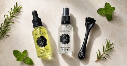 BOBO OILS Rosemary and Mint Hair Growth Oil bottle and BOBO OILS Scalp Derma Roller and Disinfectant Spray