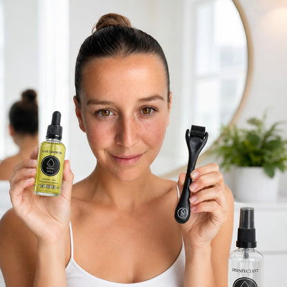 BOBO OILS Rosemary and Mint Hair Growth Oil bottle and BOBO OILS Scalp Derma Roller and Disinfectant Spray