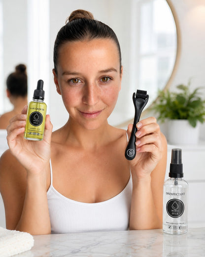 BOBO OILS Rosemary and Mint Hair Growth Oil bottle and BOBO OILS Scalp Derma Roller and Disinfectant Spray