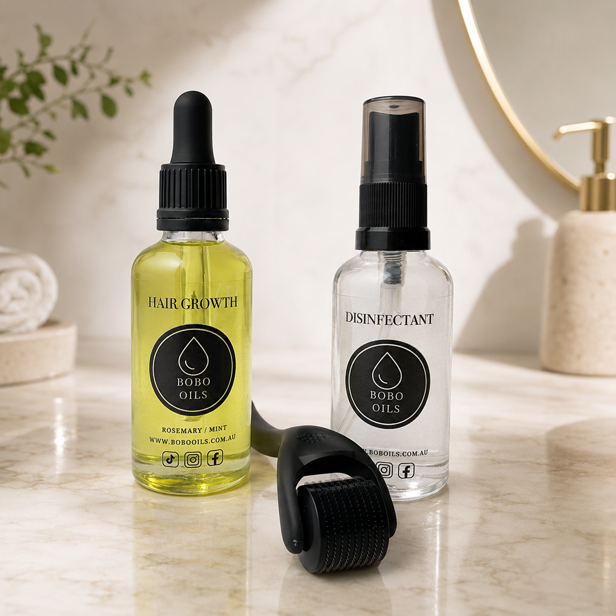 BOBO OILS Rosemary and Mint Hair Growth Oil bottle and BOBO OILS Scalp Derma Roller and Disinfectant Spray