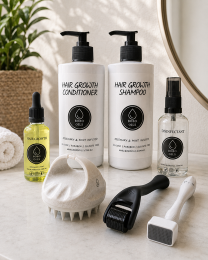 BOBO OILS complete hair growth routine bundle with rosemary mint oil, shampoo, conditioner, derma roller, derma stamp, scalp brush and disinfectant spray